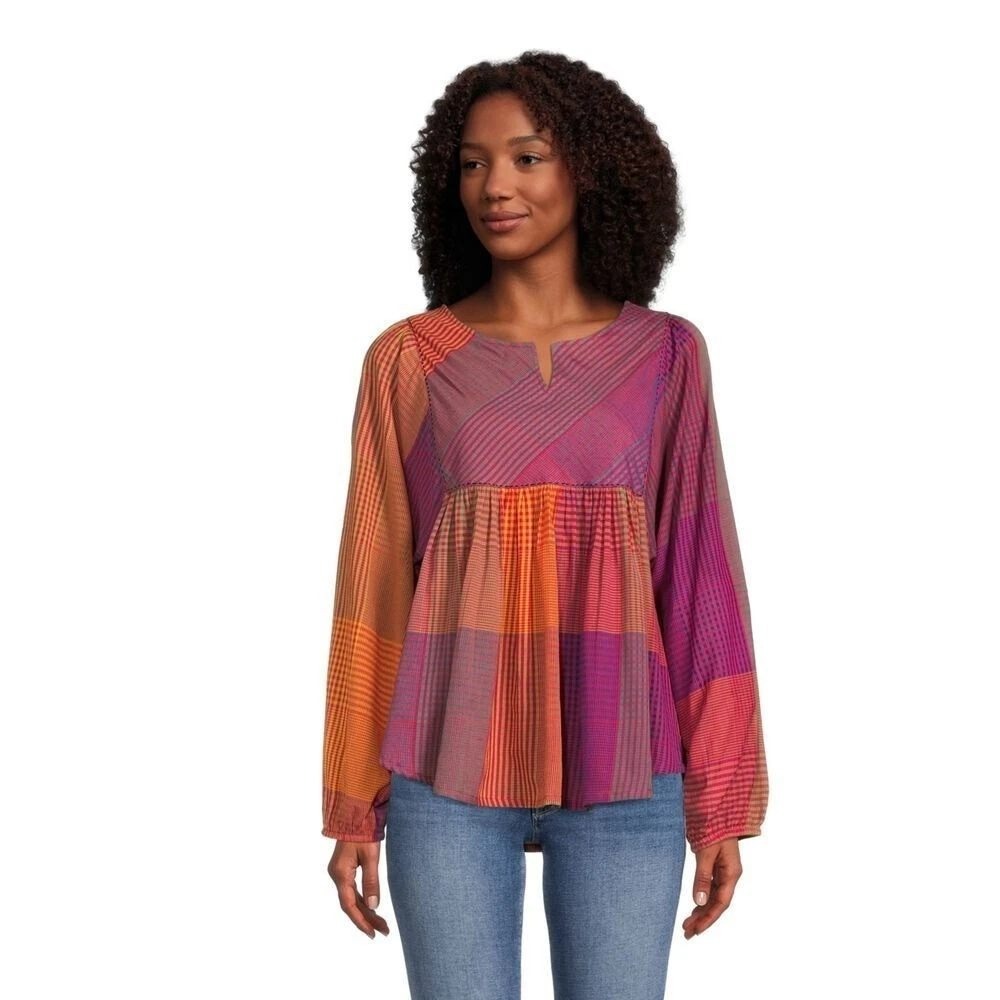 World Market Plaid Patchwork Top Women S/M Pink Long Sleeve Boho Cottagecore NWT